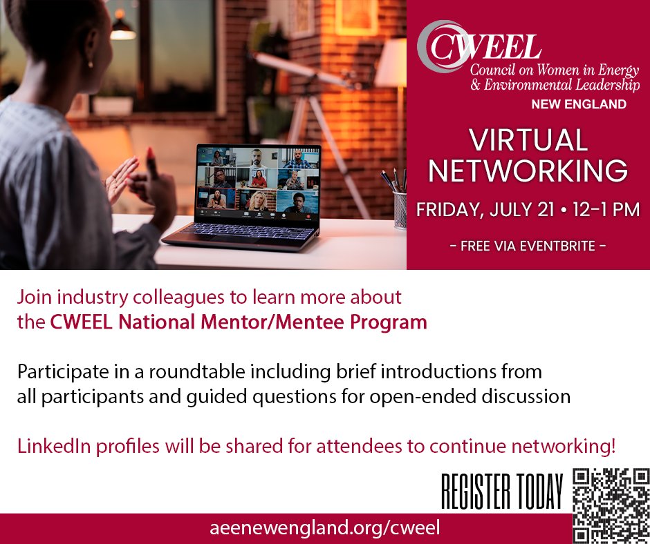 AEENewEngland's tweet photo. Join CWEEL New England on Friday, July 21 for Virtual Networking!

All are encouraged to attend!

Info/Registration: https://t.co/CyGRQv5sbd

#cweel #virtualnetworking https://t.co/ZGzr6PSQvd