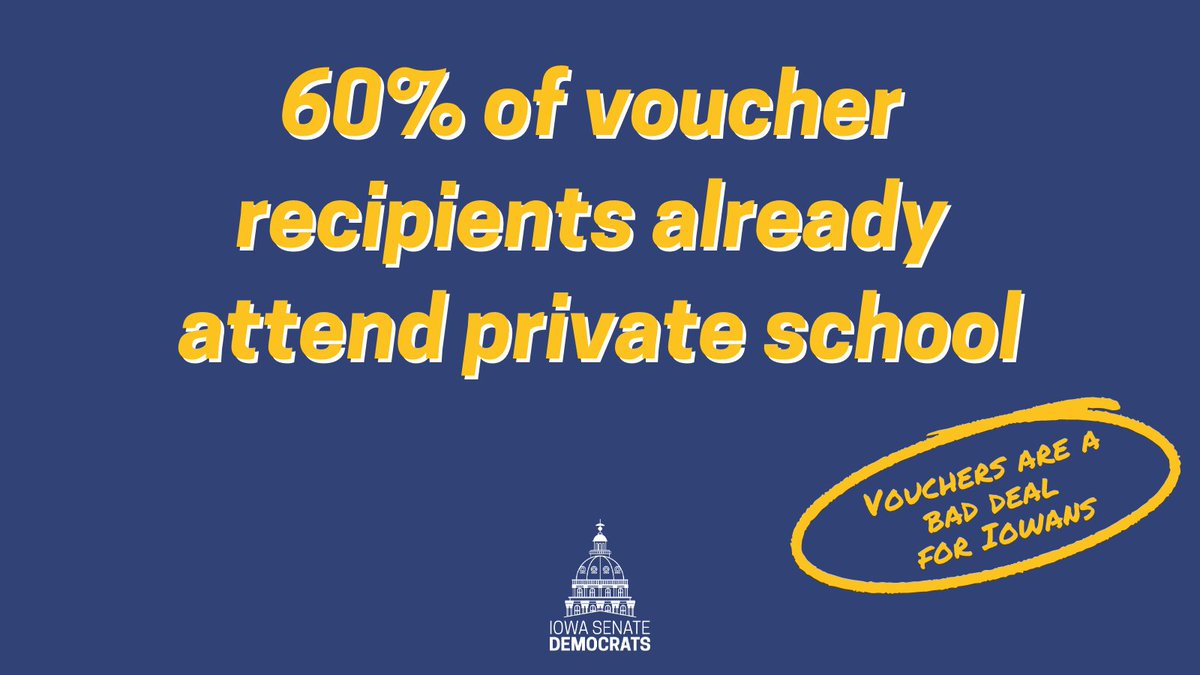 60% of private school voucher recipients already attend private schools.

This isn’t “school choice” – it’s a subsidy for families who have already chosen private schools. #ialegis