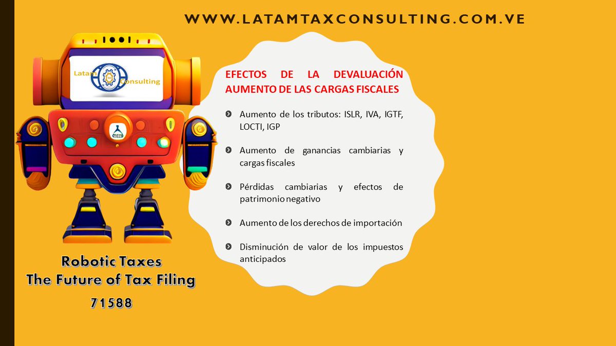 Latamtaxconsul's tweet image. ¿Cuáles son los efectos fiscales de la devaluación en su empresa?: Ganancias cambiarias,y cargas fiscales ISLR, IVA, IGTF, IGP o otros, revise 5 principales cargas fiscales que afectan a la empresa. #Devaluación #RiesgoFiscal 
Boletín(lectura 60 segundos) bit.ly/3NKS8jE