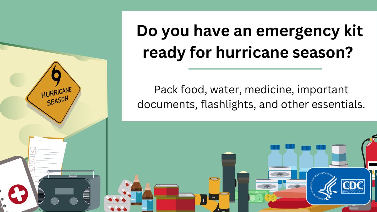 Be prepared to stay safe during #HurricaneSeason by making an emergency plan and supply kit to meet your family's needs.  

Visit @CDCenvironment's website for information about what to include in your supply kit: bit.ly/2rtSh0S #PrepYourHealth
