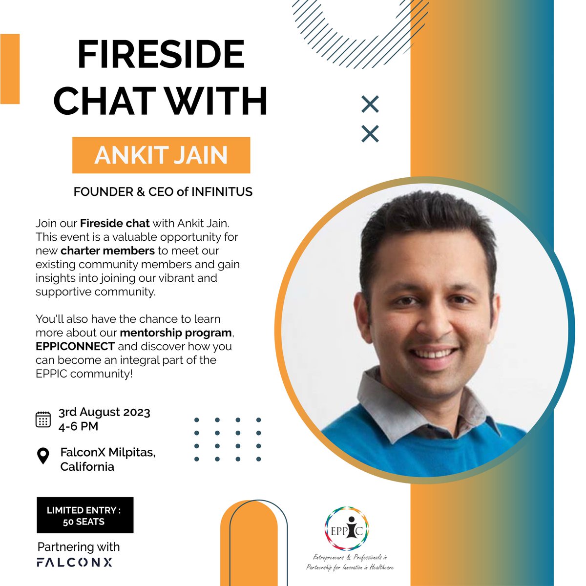 Join our in-person Fireside Chat with Ankit Jain who will discuss, "Journey from Technology to AI Enabled Healthcare!" This event will be on August 3, 2023 from 4-6pm at FalconX, Milpitas, CA.

Registration is now open on the website: eppicglobal.org/engage/calenda…