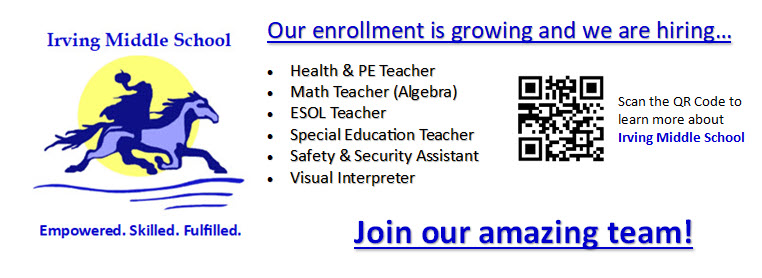 ABDConley's tweet photo. Join the @IrvingMiddle team! Go to https://t.co/womss2kL3w and select Irving Middle School under location. We cannot wait to meet you! https://t.co/2PDv1POcb2