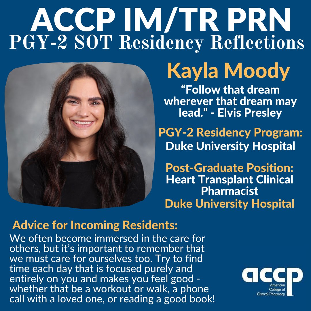 🎓💊 Class of 2023 PGY-2 SOT Residency Reflections: Kayla Moody from Duke University Hospital. After graduation, Kayla will be a Heart Transplant Clinical Pharmacist at Duke University Hospital in Durham, NC. Congratulations, Kayla! 🎉🌟#TxPharm #PharmRes