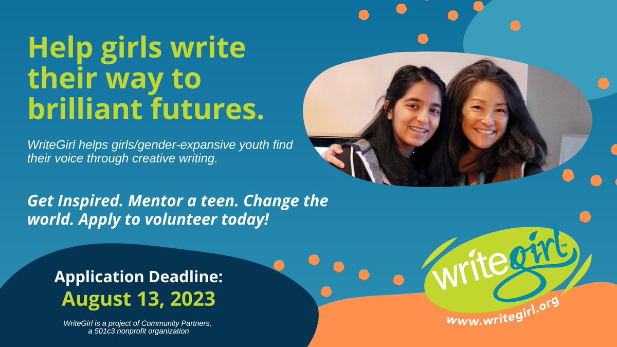 WriteGirlLA's tweet image. WriteGirl is seeking volunteers! Join a vibrant community of writers and mentor a young writer by volunteering for WriteGirl! Apply to volunteer by Aug. 13th. Details at writegirl.org/join-us