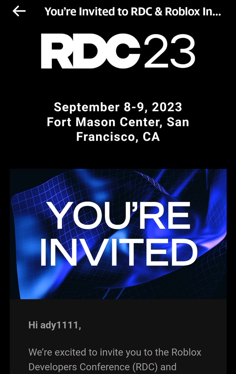 AdyExTrEmE_11's tweet photo. My third RDC Invitation. Thank you @Roblox #RDC23 https://t.co/bN7NZNQmvC