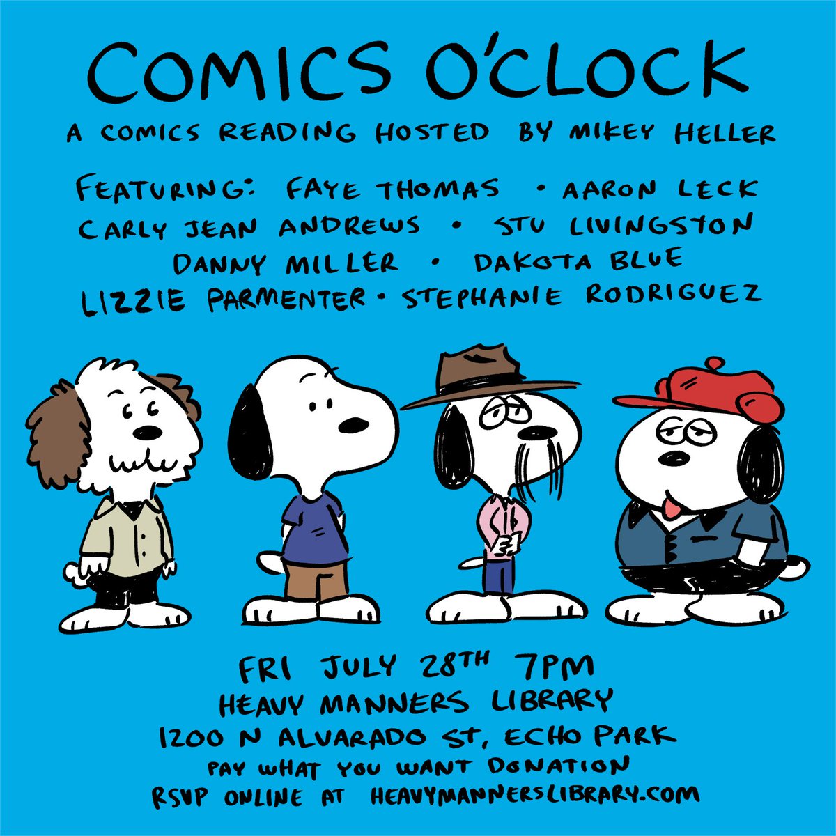 Mikey Heller (@yoyorobot) on Twitter photo Comics O'Clock returns! July 28th! Come see live comic readings from <a href="/FayeMaybe/">FayeMaybe</a> <a href="/aaronleckart/">Aaron Leck</a> Carly Jean Andrews <a href="/stulivingston/">Stu Livingston</a> <a href="/danbodraws/">Danny Miller</a> <a href="/nozonestudios/">No Zone Studios</a> Lizzie Paramenter and <a href="/StephGuez/">STEPH RODRIGUEZ</a>! Comics O'Clock returns! July 28th! Come see live comic readings from <a href="/FayeMaybe/">FayeMaybe</a> <a href="/aaronleckart/">Aaron Leck</a> Carly Jean Andrews <a href="/stulivingston/">Stu Livingston</a> <a href="/danbodraws/">Danny Miller</a> <a href="/nozonestudios/">No Zone Studios</a> Lizzie Paramenter and <a href="/StephGuez/">STEPH RODRIGUEZ</a>!