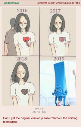 Screenshot of a 4chan post. The image attached to the post is a comic. The first panel has a girl crying wearing a t-shirt with a heart on it, and there is a knife stabbed through the heart. The second and third girl has the girl crying again with the same shirt, but being less sad in each panel. The fourth panel is edited to contain a 3D render of a tube of toothpaste squeezing toothpaste out of itself. The text in the post reads "Can I get the original version please? Without the shitting toothpaste."