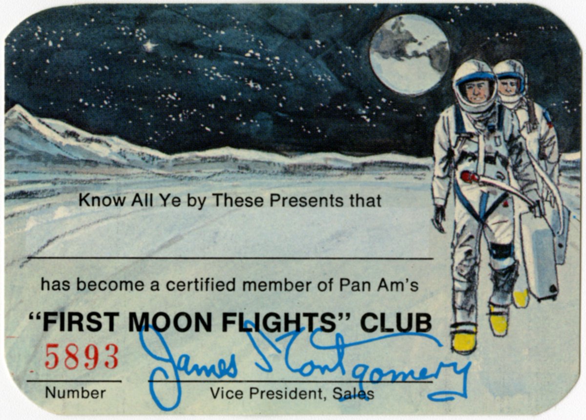 airandspace's tweet photo. Between 1968 and 1971, Pan Am issued over 93,000 “First Moon Flights” Club cards to space enthusiasts eager to make a reservation for the first commercial flight to the Moon. The Club included people from every U.S. state and 90 countries. #ArchivesVacay #ArchivesHashtagParty https://t.co/lHsAqX04ql