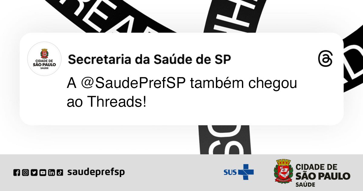 saudeprefsp's tweet image. ❗A @SaudeprefSP chegou na rede nova. Acompanhe a gente por lá também e fique por dentro sobre tudo o que acontece na rede municipal de saúde da capital.

Confira o link do perfil aqui:  rb.gy/3w1dv

#Threads #SaudePrefSP #SUS