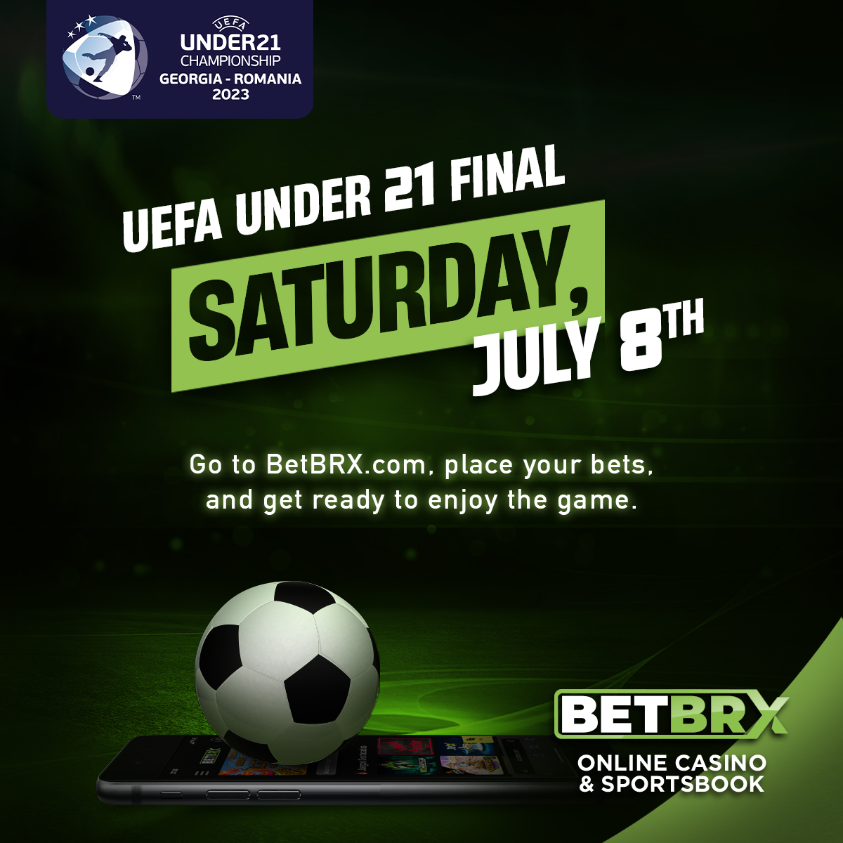 BetBrx's tweet photo. The UEFA Under-21 Euro Cup final is tomorrow!

Experience the excitement starting today. Go to https://t.co/50mTkSCxim, place your bets, and get ready to enjoy the game.
If you haven't registered yet, take advantage of the welcome bonuses.

#BetBRX #Sportsbook #Bet #UEFA  #Soccer https://t.co/4GXOBgvHMt