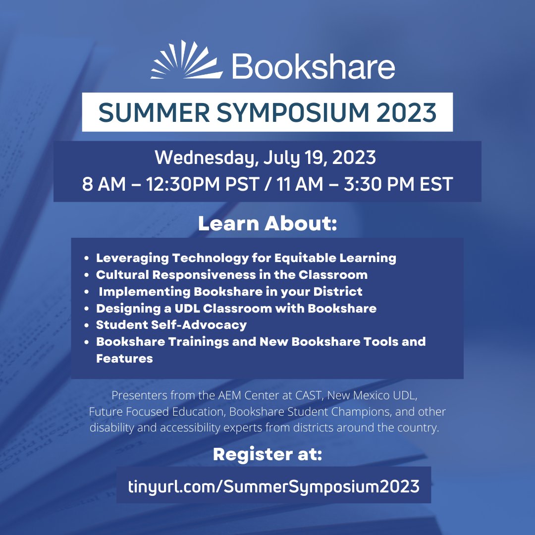 Bookshare's tweet photo. Calling all educators in the US! We’re thrilled to announce Jim Vanides (@jgvanides) will open the discussion at  
Bookshare’s Summer Symposium 2023.  Learn about ways you can better serve students with unique needs and challenges.

Register at: https://t.co/wCw77OzDUC

#a11y https://t.co/SMgWZI4x2l