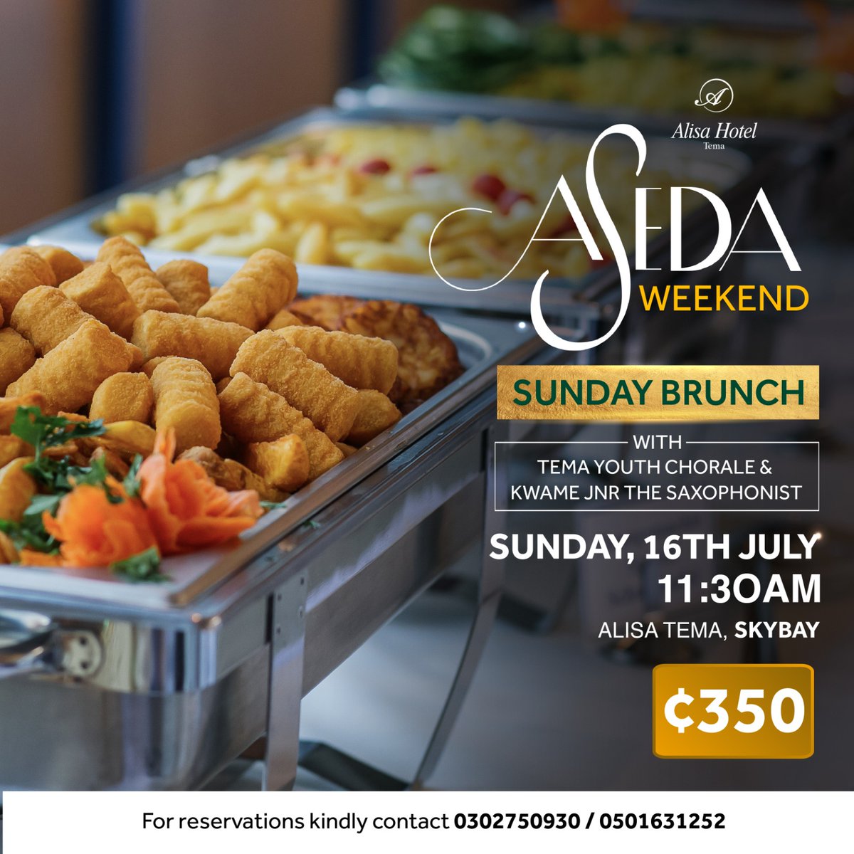 AlisaHotelGroup's tweet photo. Introducing our Aseda Weekend packed with activities ready to celebrate Alisa Hotel Tema!
Make your reservations, contact 0302750930/ 0501631252
#alisahotels #alisatema #asedaweekend #fridaybbq #sundaybrunch #megasplash #noplacelikealisa https://t.co/ThHn53ERg6