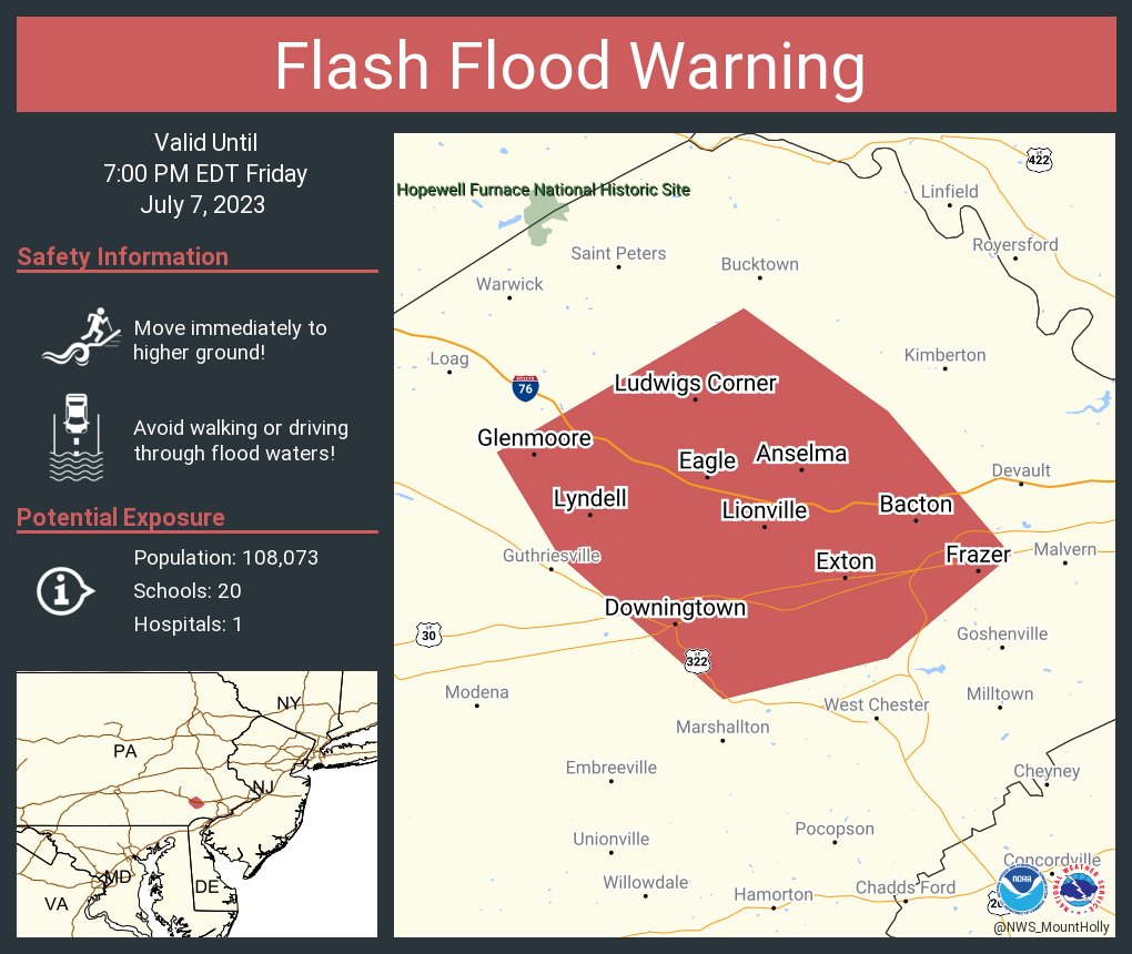 NWS_MountHolly's tweet photo. Flash Flood Warning including Downingtown PA, Lionville PA and  Exton PA until 7:00 PM EDT https://t.co/vBK73inI2G