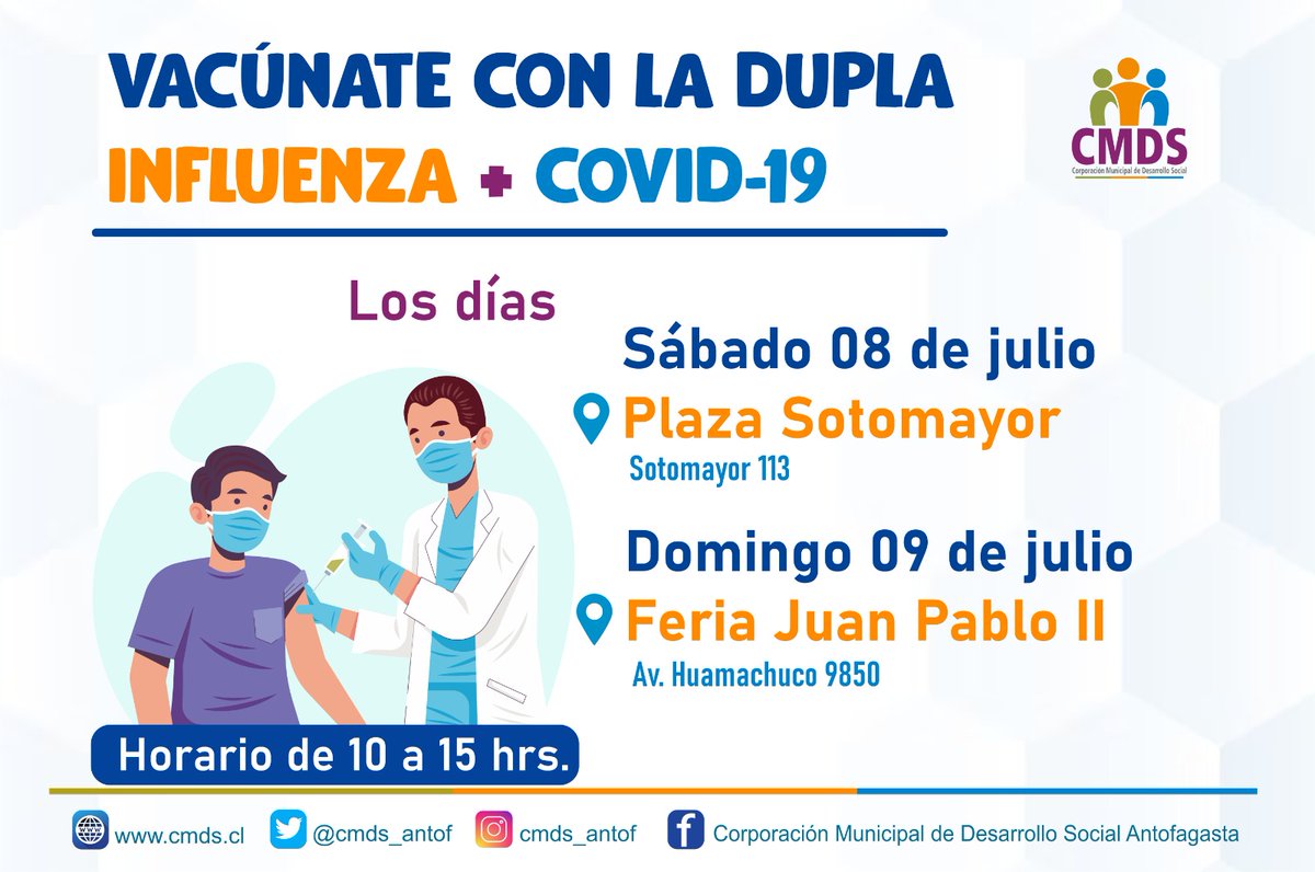 cmds_antof's tweet image. ATENCIÓN ‼️
Nuevo operativo de la Dirección de Salud de #CMDS para seguir avanzando en la campaña de vacunación contra #influenza y #COVID19 💉
Sábado 8: Plaza Sotomayor
Domingo 9: Feria Juan Pablo II
De 10 a 15 horas ⌚️
#LaPerlaVuelveaBrillar 
#Antofagasta
