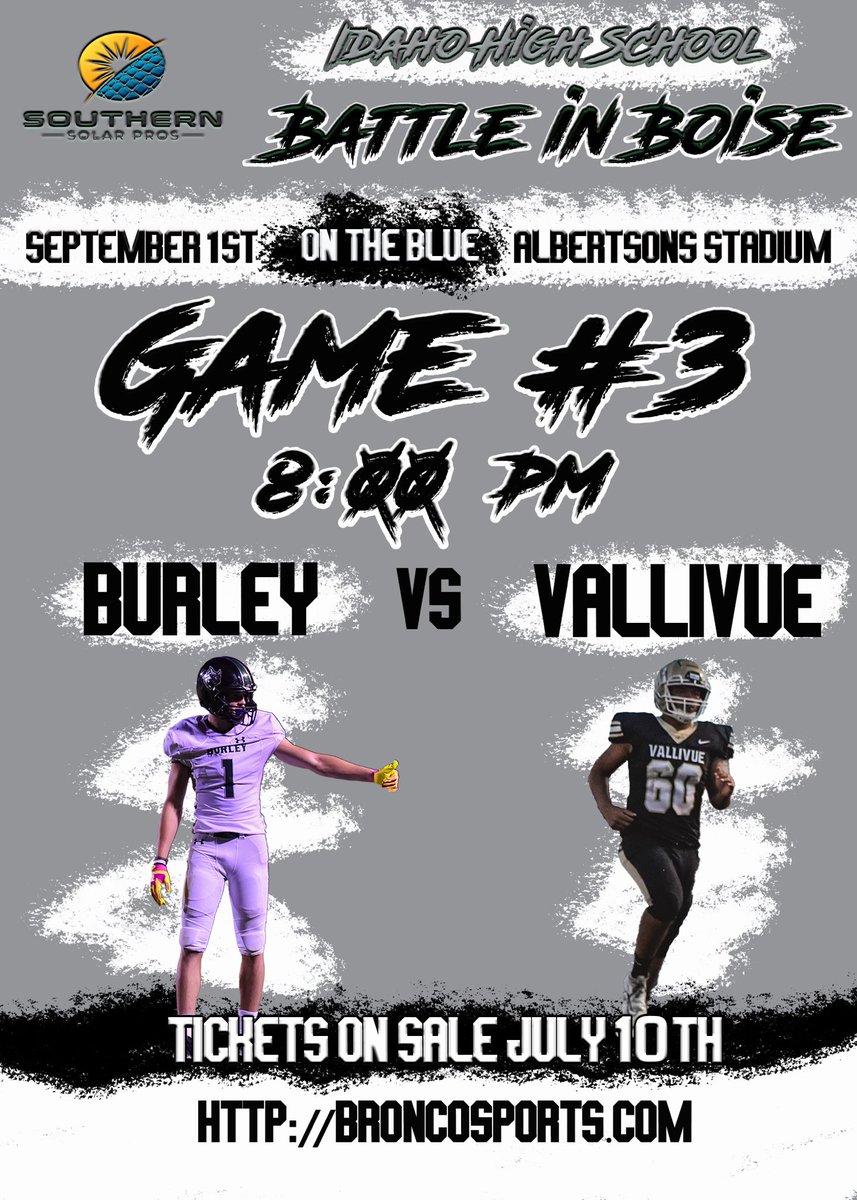 Game 3: 4A contenders collide on the Blue with the <a href="/Burley_Bobcats/">BURLEY BOBCAT ATHLETICS</a> taking on  the <a href="/VallivueAD/">Vallivue High School Athletics</a> Falcons! Idaho’s best in prime time in Boise! Tickets go on sale MONDAY!!! #BattleInBoise #idpreps <a href="/Idaho_8_Man/">Idaho8Man</a> <a href="/IdahoSportsPaul/">Paul Kingsbury</a> @KTVBSportsGuy <a href="/KLEWNews/">KLEW News</a> <a href="/KMVTSports/">KMVT Sports</a> <a href="/KTIK_953FM/">KTIK 95.3 FM The Ticket</a>
