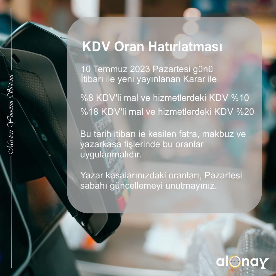 10 Temmuz 2023 Pazartesi günü İtibarı ile yeni yayınlanan Karar ile
%8 KDV'li mal ve hizmetlerdeki KDV %10
%18 KDV'li mal ve hizmetlerdeki KDV %20
Şeklinde uygulanacaktır

Yazar kasalarınızdaki oranları, Pazartesi sabahı güncellemeyi unutmayınız.