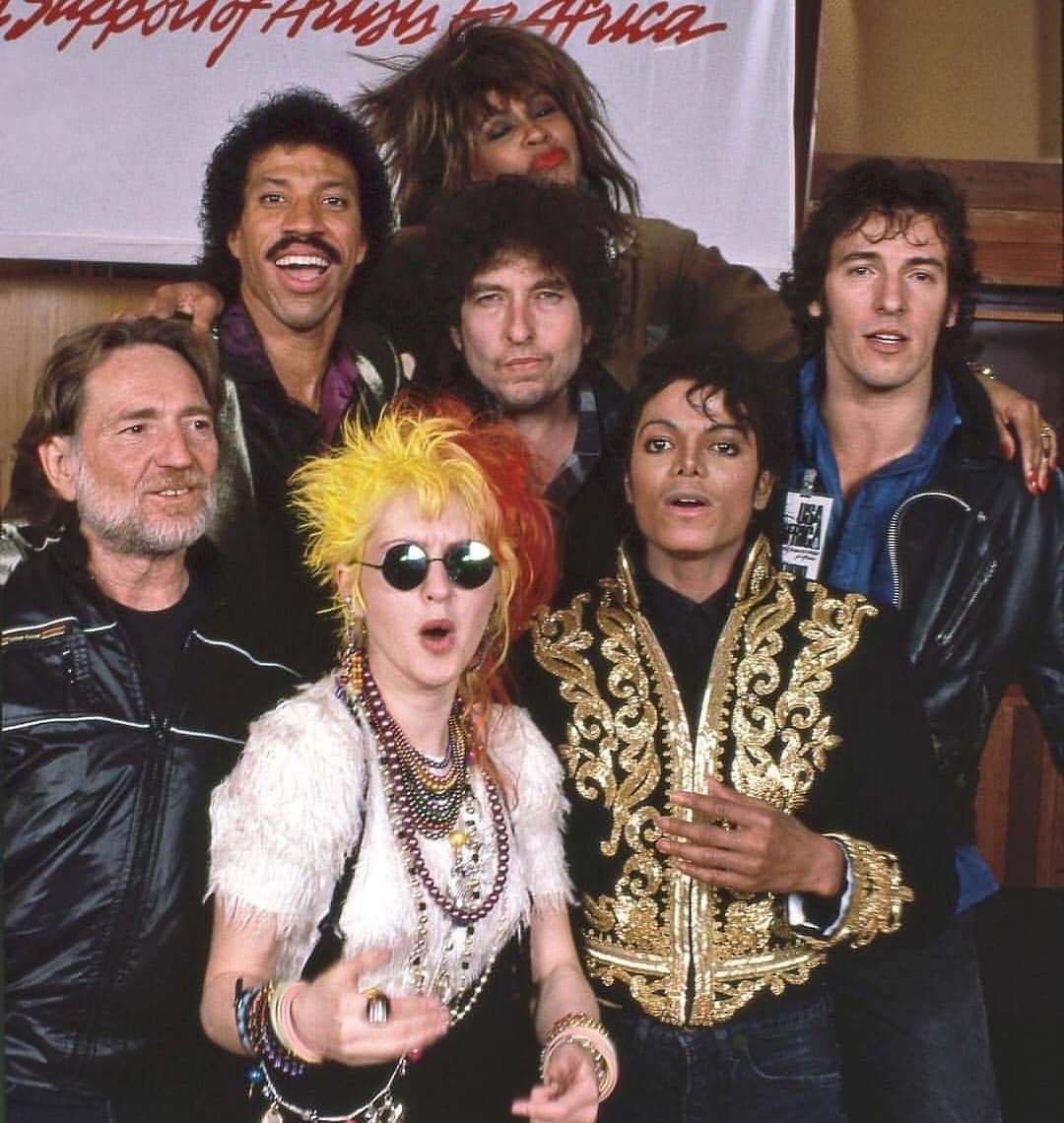 Willie with @LionelRichie, @tinaturner, @bobdylan, @springsteen, #CyndiLauper, and @michaeljackson at the recording of #WeAreTheWorld. Do you know what year this song was recorded?