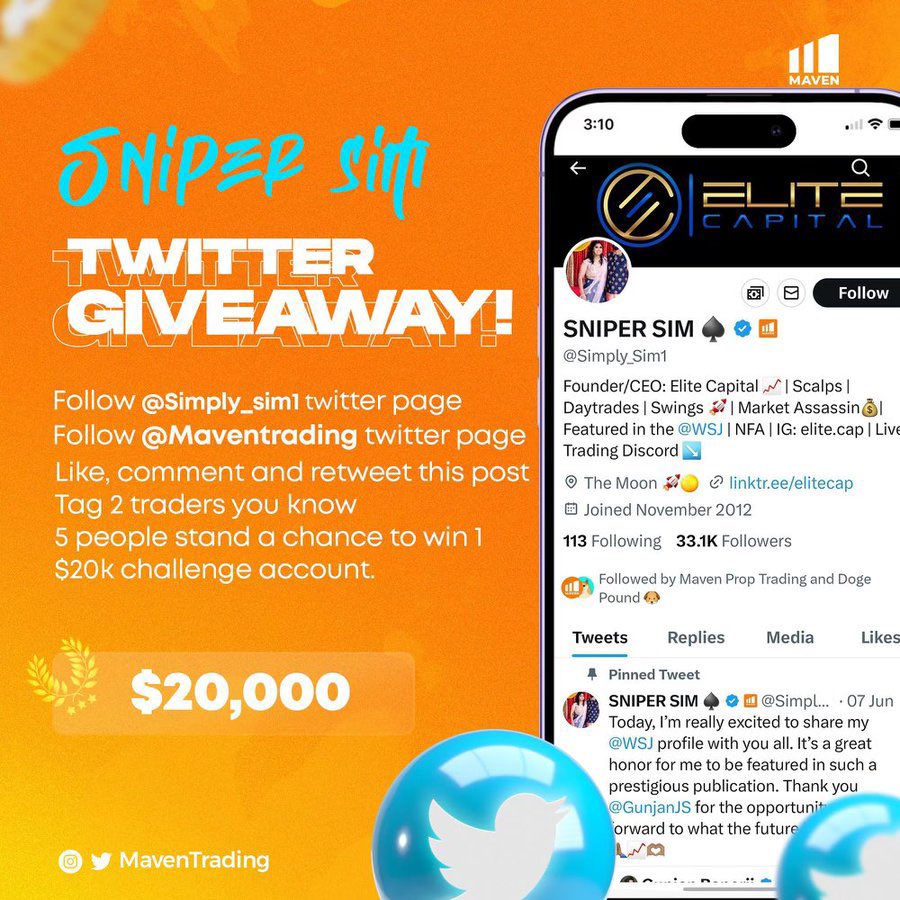Simply_Sim1's tweet photo. SNIPER SIM x MAVENTRADING GIVEAWAY! ♠️

Step 1: FOLLOW @Simply_Sim1 ✅

Step 2: FOLLOW @Maventrading ✅

Step 3: LIKE, COMMENT & RETWEET THIS POST ✅

Step 4: TAG 2 TRADERS YOU KNOW ✅

🏆 5 WINNERS WILL BE CHOSEN TO WIN A $20K CHALLENGE ACCOUNT!

‼️ AS AN ADDED BONUS, I WILL ALSO GIVE OUT 5 FREE MONTH MEMBERSHIPS TO @_EliteCapital TO HELP YOU PASS YOUR ACCOUNT & GET FUNDED ‼️

Goodluck Ballers! 🫡💰