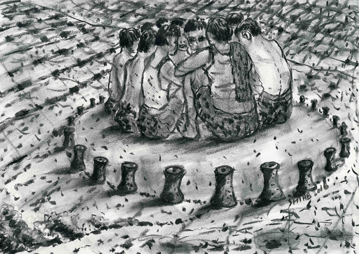 vaippipadath's tweet photo. വെടിക്കെട്ടിന് കാവലിരിക്കുന്നവർ (Fireworks guards), 21x30 cm, charcoal on paper, 2016 https://t.co/u40q59HKuU