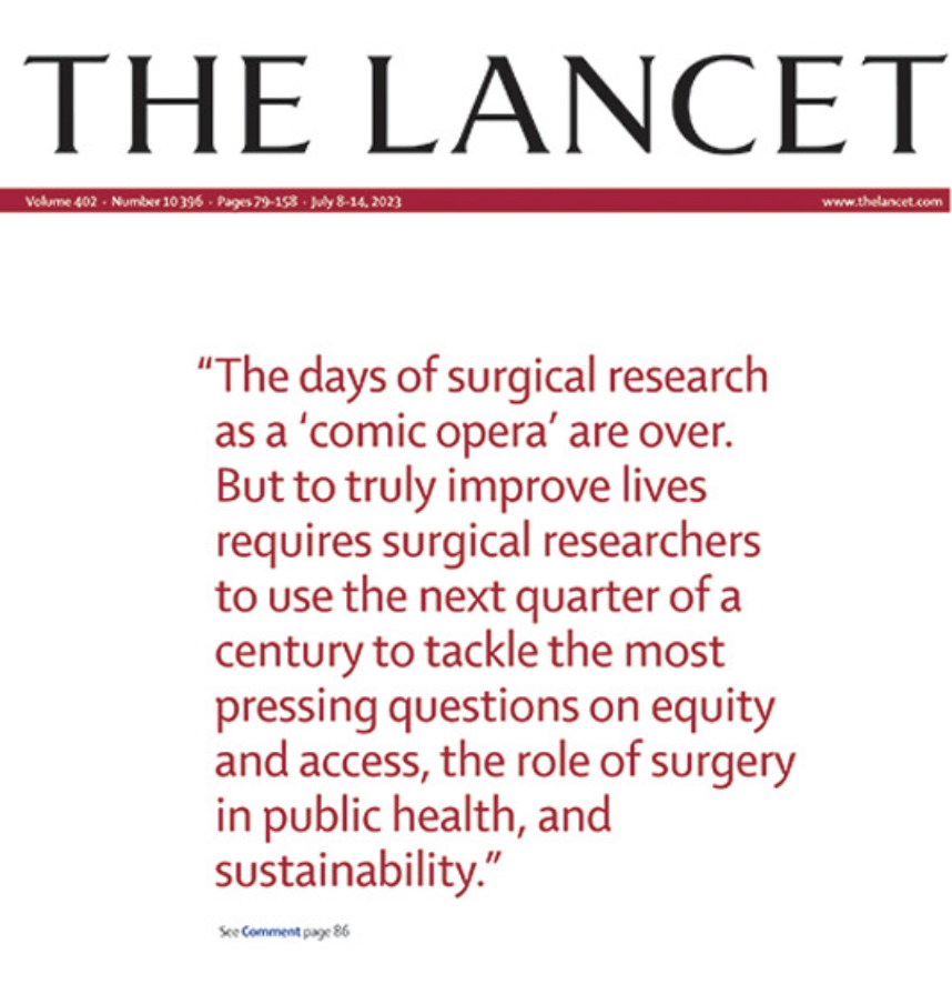 Landmark recognition in @TheLancet of breadth & quality of surgical research Future milestones 1⃣Ensure global inequalities in access to surgery 2⃣Ensure surgical research is diverse + inclusive 3⃣Address environmental impact of surgery @JessamyBagenal thelancet.com/journals/lance…
