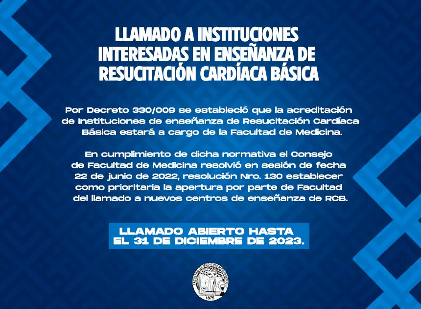 Se encuentran abiertas hasta el 31/12 las inscripciones al llamado para la acreditación de Centros de Enseñanza en reanimación cardíaca.

Más información, bases y formulario:
cartelera.fmed.edu.uy/acreditacion-d…