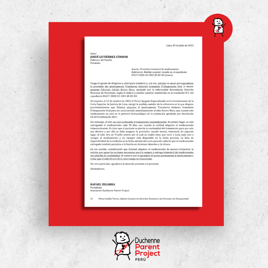parent_peru's tweet photo. 📢 Urgente: Exigimos a @EsSaludPeru que cumpla con mandato del @Poder_Judicial_ y garantice el acceso continuo a medicamentos para niños con Distrofia Muscular de Duchenne. La @Defensoria_Peru ya está notificada de esta falla en la actual gestión del Sr. Orellana. 1/5 https://t.co/FAbHGzE5HD