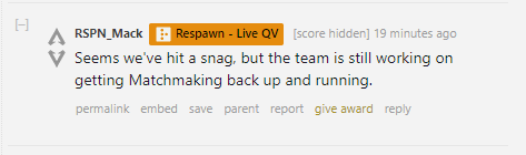 GTAlphaintel's tweet photo. Respawn has "hit a snag" but still working to fix matchmaking. https://t.co/GATKFnIS8c