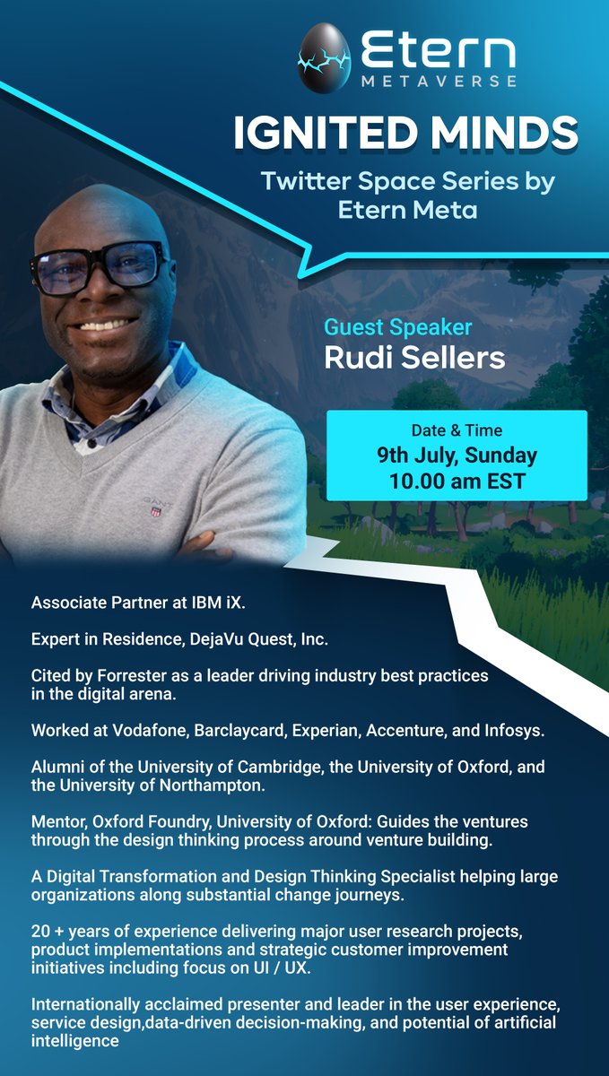 Etern (Metaverse) (@eternmeta) on Twitter photo Meet Rudi Sellers <a href="/Roodboy/">Rudi Sellers</a> x.com/Roodboy at <a href="/EternMeta/">Etern (Metaverse)</a>
‘Ignited Minds' Twitter Space "The Metaverse and AI revolution begins" - Happening on 9th July, 10am EST
Drop by @ x.com/i/spaces/1zqJV… Meet Rudi Sellers <a href="/Roodboy/">Rudi Sellers</a> x.com/Roodboy at <a href="/EternMeta/">Etern (Metaverse)</a>
‘Ignited Minds' Twitter Space "The Metaverse and AI revolution begins" - Happening on 9th July, 10am EST
Drop by @ x.com/i/spaces/1zqJV…