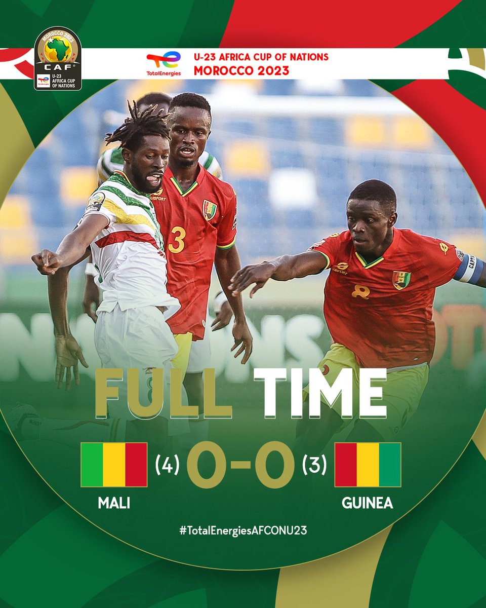 caf_online_AR's tweet photo. نهاية المباراة! ⏱️
🇲🇱 مالي (4) 0-0 (3) غينيا 🇬🇳
مالي تحسم مواجهة الميدالية البرونزية من كأس الأمم الإفريقية تحت 23 عامًا بركلات الترجيح! 🏆
#TotalEnergiesAFCONU23 | #MALGUI https://t.co/0PR6u5iajv