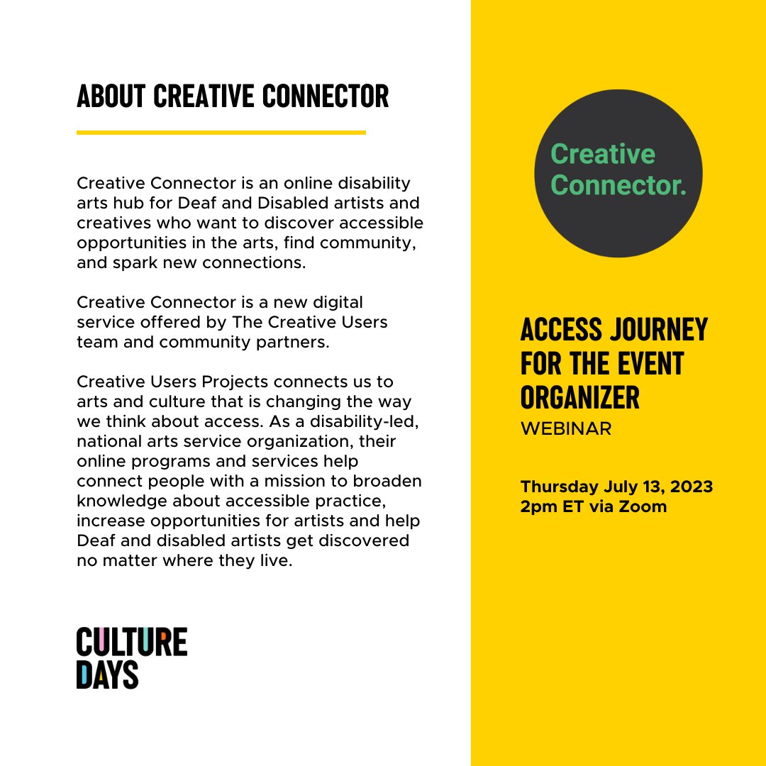 CultureDays's tweet image. We can’t wait for our next webinar: Access Journey for the Event Organizer 💛 with @ProjectCU
Which topics are you most interested in unpacking?
✏️ Fill out the survey: tinyurl.com/yf5vjdan
📅 Thursday July 13, 2pm ET via Zoom
✉️ RSVP: tinyurl.com/2hbju5yb