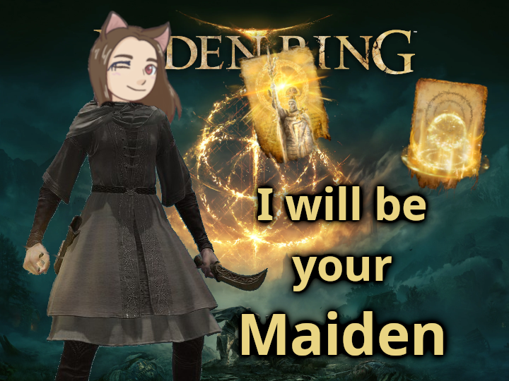 Thanks everyone for helping me hit 1K followers! 

To celebrate, tonight I offer chat an accord. I will play the role of maiden. Chat will guide me to the foot of the Erdtree, and I will keep them buffed and healed.

I hope to see you there twitch.tv/marisa_nyaa~!