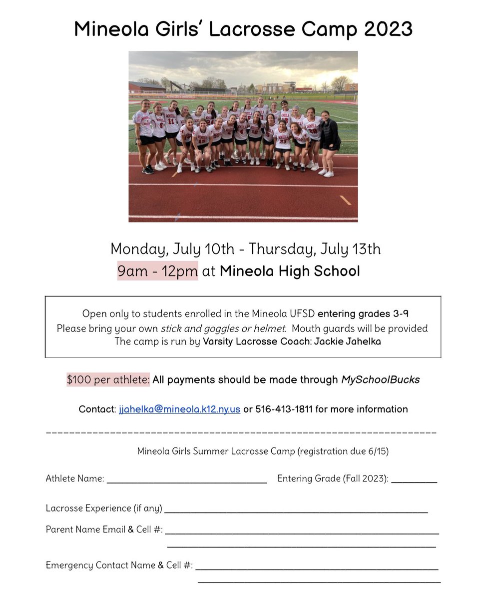 It’s not too late to sign up for lax camp next week! Come on down to Mineola HS to get better and have FUN! ☀️ 🥍 ❤️ 

Registration and payment can be made through SchoolBucks. Hope to see you there!!