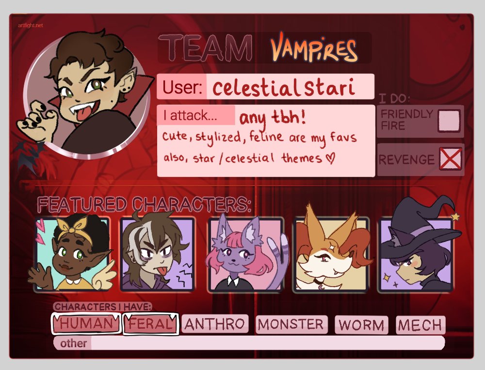 CelestialStari's tweet photo. ART FIGHT!!!! I got team vampire <3
[#artfight2023 #artfight #artfightvampires]
I need updated refs of my OCs to upload oops https://t.co/z7PEDjNFKL