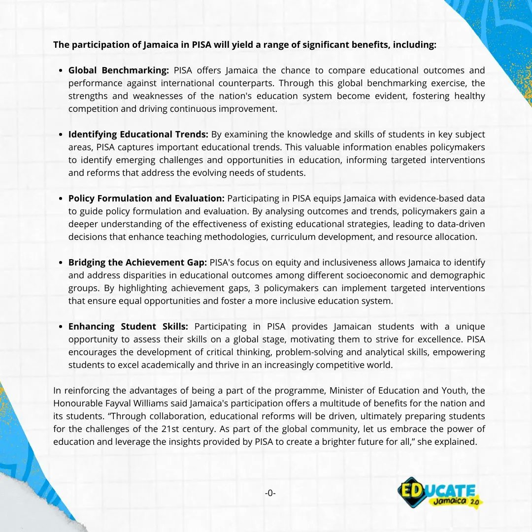 MOEYJamaica's tweet photo. The Ministry of Education and Youth is proud to announce Jamaica's inaugural participation in the Programme for International Student Assessment (PISA), spearheaded by The Organization for Economic Cooperation and Development (OECD).
See below for more!
#PressRelease #EducateJa https://t.co/t68bALbXlM