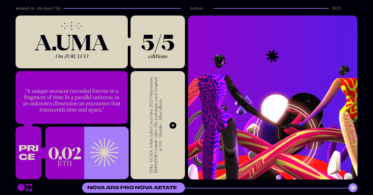 A.UMA 
on ⚪️@ourZORA 

5/5 editions
Mint: 0.02 ETH

🔗👇🏾