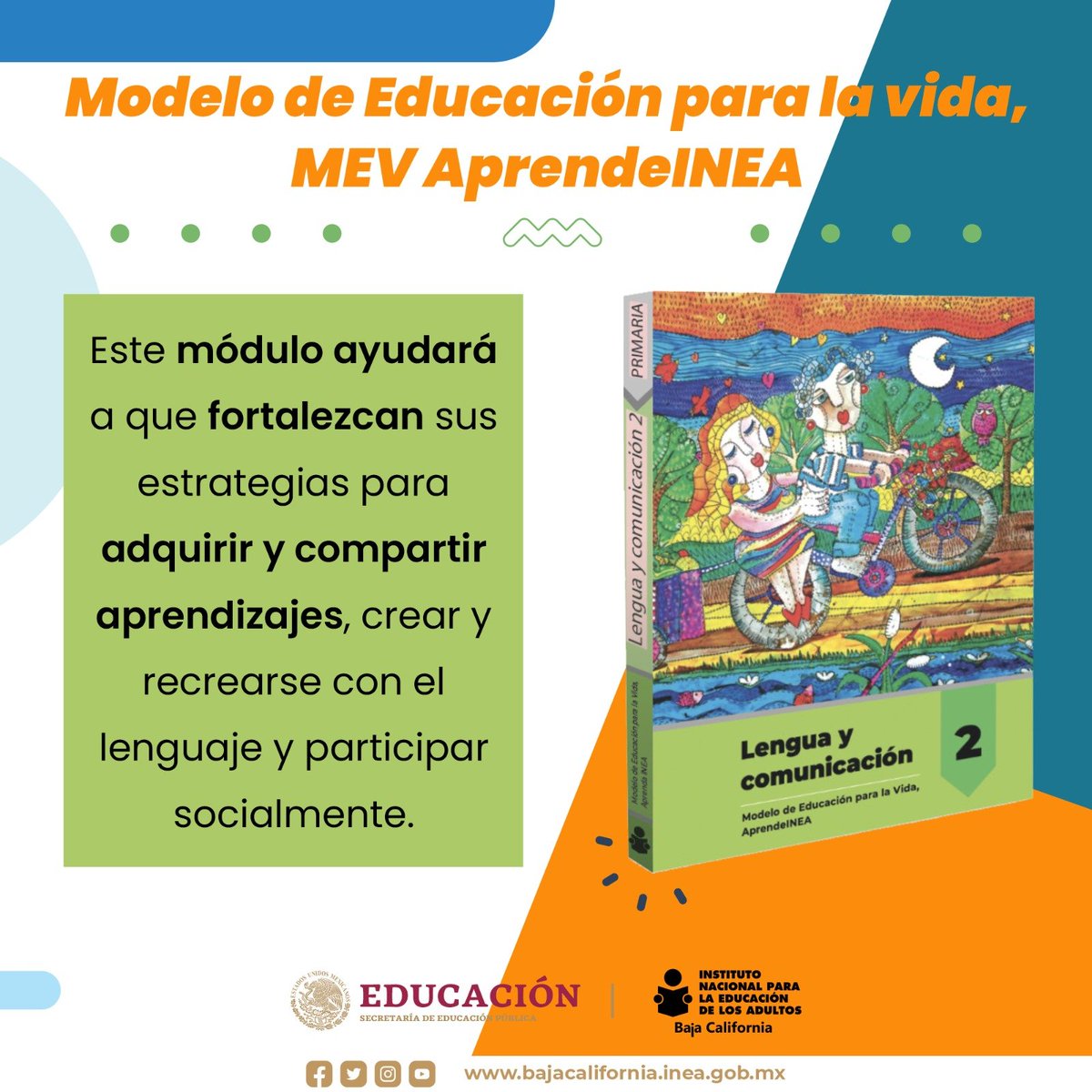 INEA_B_C's tweet photo. En éste módulo podrás ampliar las capacidades de expresión oral y escrita mediante prácticas socialmente relevantes que promuevan la producción y análisis de textos. Regístrate y conoce los módulos de MEV AprendeINEA en la plataforma https://t.co/cOGWDYGQfP
#AprenderTransforma https://t.co/8GRbqLMRgE