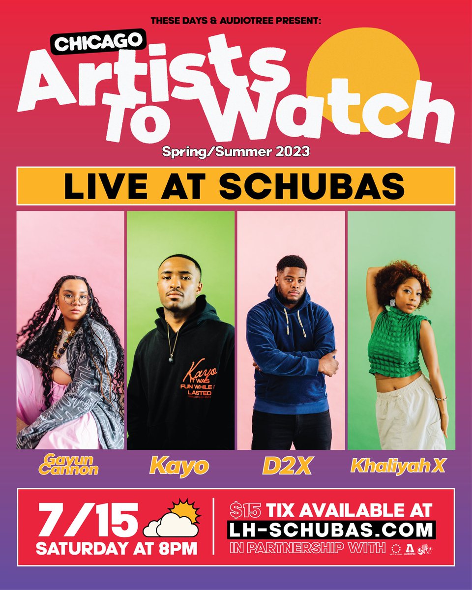 Just over a week away from These Days Chicago Artists To Watch Spring/Summer celebration at <a href="/Schubas/">Schubas</a>!

Saturday, July 15th
Doors: 7:30PM • $15
Feat. <a href="/gayun_cannon/">gayun cannon ͙͘͡★</a> <a href="/KayoSouthside/">Kayo</a> <a href="/D2X__/">D2X</a> <a href="/Khaliyah_X/">KX🧚🏾</a> 
⛅️ <a href="/thesedaysmag/">These Days ⛅️</a> x <a href="/audiotreemusic/">Audiotree</a> ⛅️
Thank you <a href="/SentricMusic/">Sentric</a> <a href="/sfw_studio/">South Facing Windows</a>