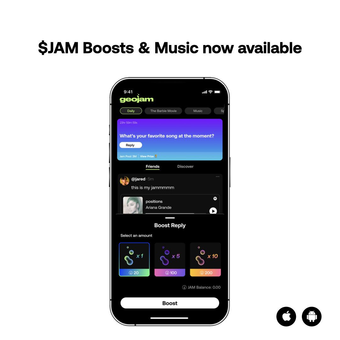geojamofficial's tweet photo. The one where we play...  get lost in the music and compete against your friends with $JAM Boosts! Make sure to check it out on the App Store! https://t.co/4AiNRii5k7