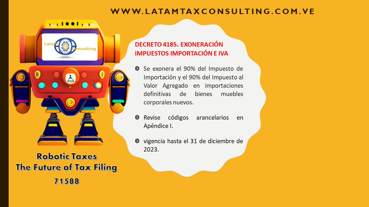 Latamtaxconsul's tweet image. Decreto4.821. Exoneración de 90% de impuestos en importaciones e IVA, beneficios de exoneración establecidos en el decreto se aplicarán desde su entrada en vigencia hasta el 31/12/2023. #Exoneracion #BeneficioFiscal 

Boletín(lectura 75 segundos) bit.ly/3NzHz32