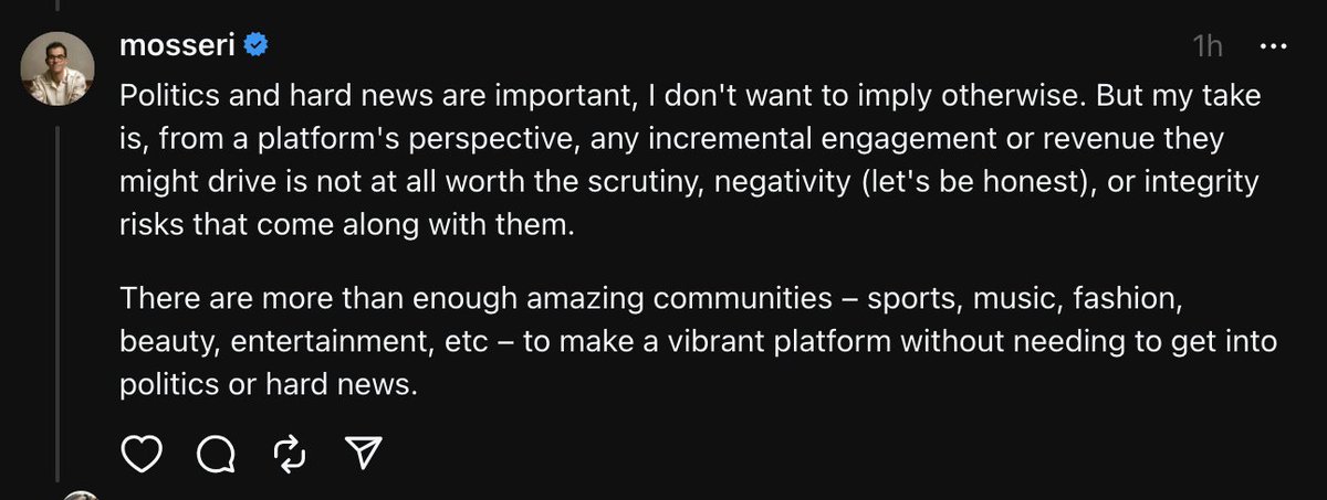 atrupar's tweet photo. head of Instagram on role of news on Threads https://t.co/AbvyovsDlH