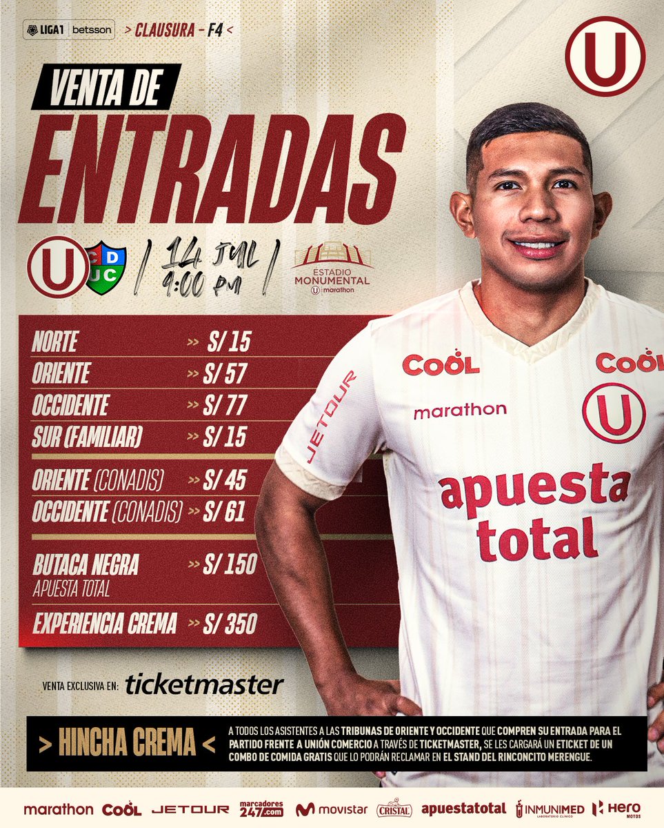 Universitario's tweet photo. 𝙐𝙉𝘼 𝙁𝙀𝘾𝙃𝘼 𝙈𝘼́𝙎 𝘼 𝙏𝙐 𝙇𝘼𝘿𝙊 🙌🏽⚽

𝑯𝒂𝒈𝒂𝒎𝒐𝒔 𝒐𝒕𝒓𝒐 𝒍𝒍𝒆𝒏𝒐 𝒎𝒐𝒏𝒖𝒎𝒆𝒏𝒕𝒂𝒍 

Inició la venta de entradas para nuestro encuentro ante @UComercio del próximo viernes 14 de julio.

🎟️ Compra tus entradas en @TicketmasterPE 👉 https://t.co/43ThuU0DGw https://t.co/cvEGE3BGyo