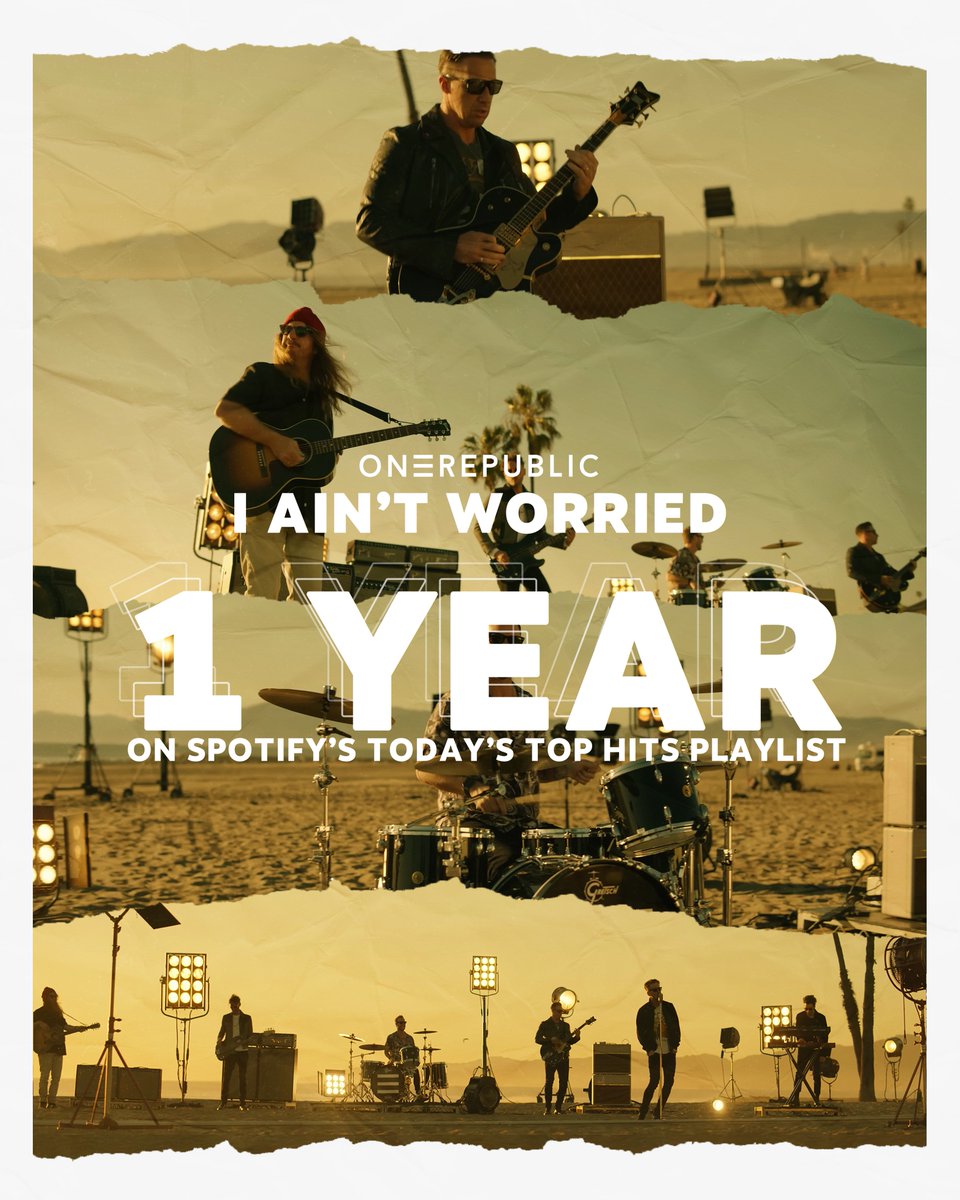 OneRepublic's tweet photo. "I Ain't Worried" has remained on @Spotify's Today's Top Hits playlist for an entire YEAR! That's insane.

I know we say it all the time, but you all are truly the best fans in the world. None of this is possible without you so, THANK YOU!! 💙💙

Check out the Today's Top Hits playlist right here: https://t.co/ic5W19mcuG ✈️