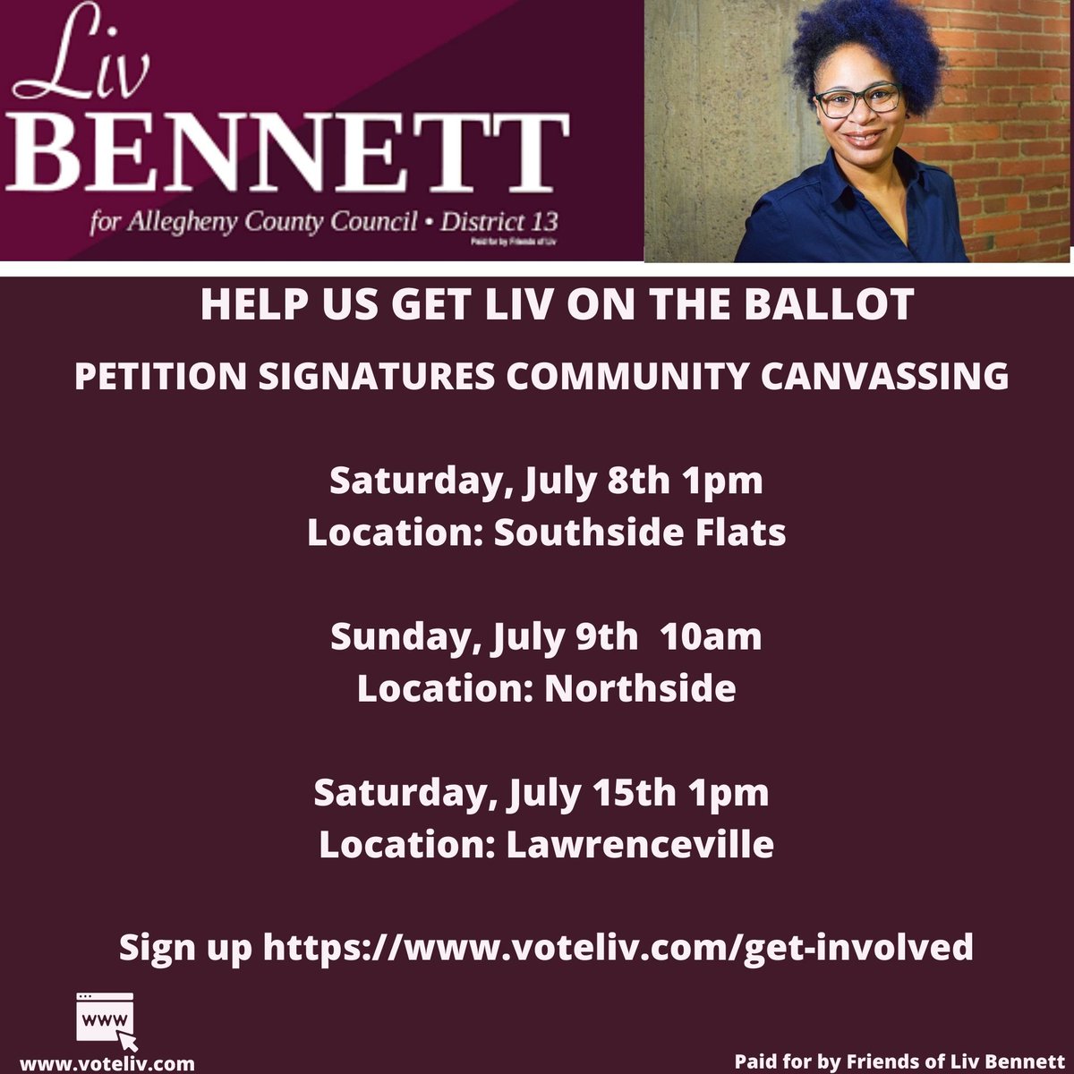 Liv1Bennett's tweet photo. Community Canvassing 
Liv is running as an Independent in the November election. Anyone who lives in District 13 from any party (Democrat, Republican, Independent etc.) can sign petitions. Sign up https://t.co/f5YRabrQcQ
#livfor13
#livbennettforcountycouncil
#WeWorking https://t.co/43kmhjuDaV