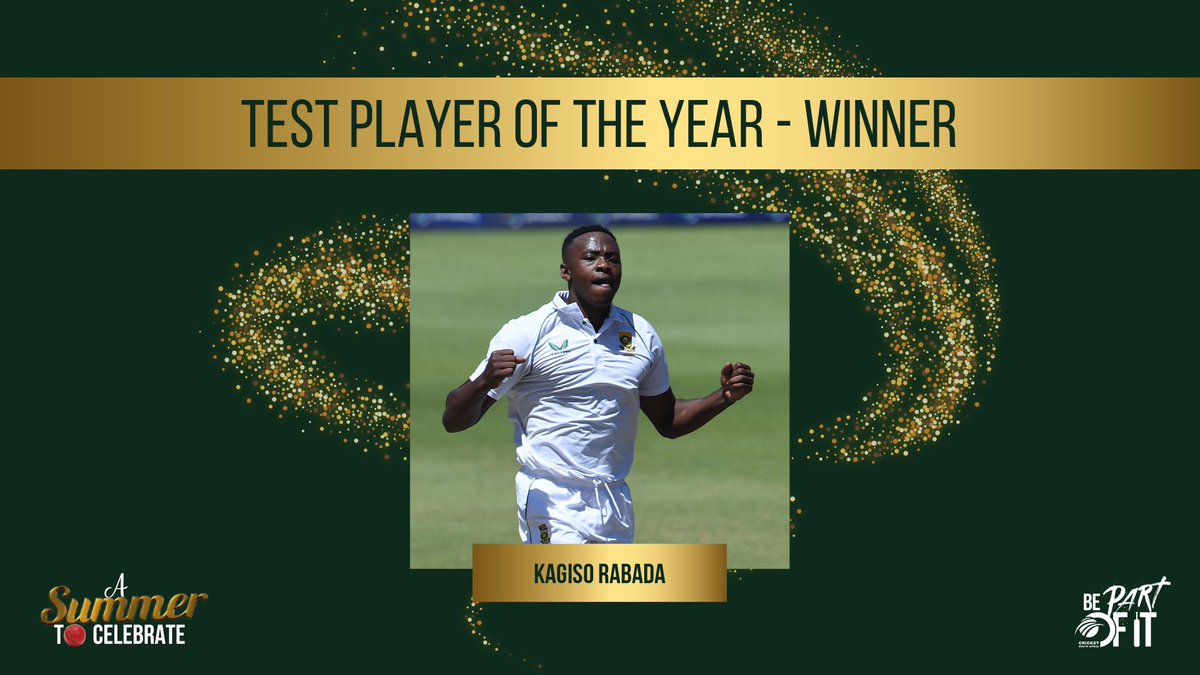 WINNER - TEST PLAYER OF THE YEAR 🏆

Kagiso Rabada was the highest wicket-taker in Test cricket in 2022 and his work shone through for the national team in the 2022/23 season, with 37 wickets. 

#CSAAwards2023 #SummerToCelebrate #BePartOfIt