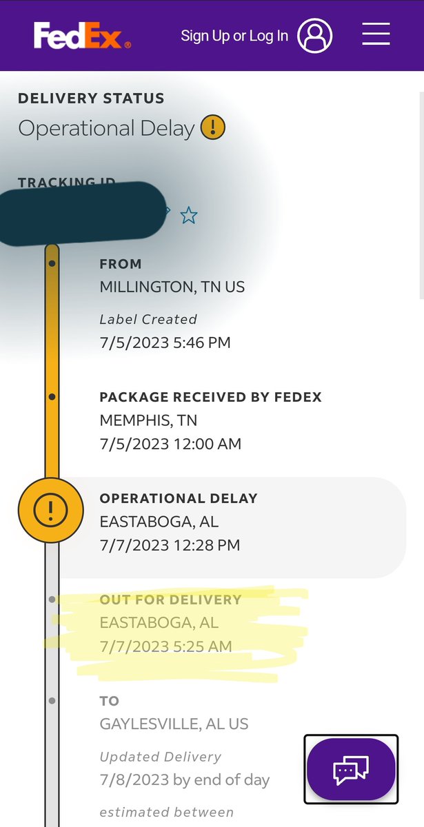 bamafever89's tweet photo. @FedEx  why you always doing me dirty? My package was in Estaboga, AL at  5:25 am and was out for delivery. I also got a notification at 7:20 confirming delivery TODAY 7/7. Now there is an operational delay? This is why I never willingly select FedEx. https://t.co/X4DpCE5bfM