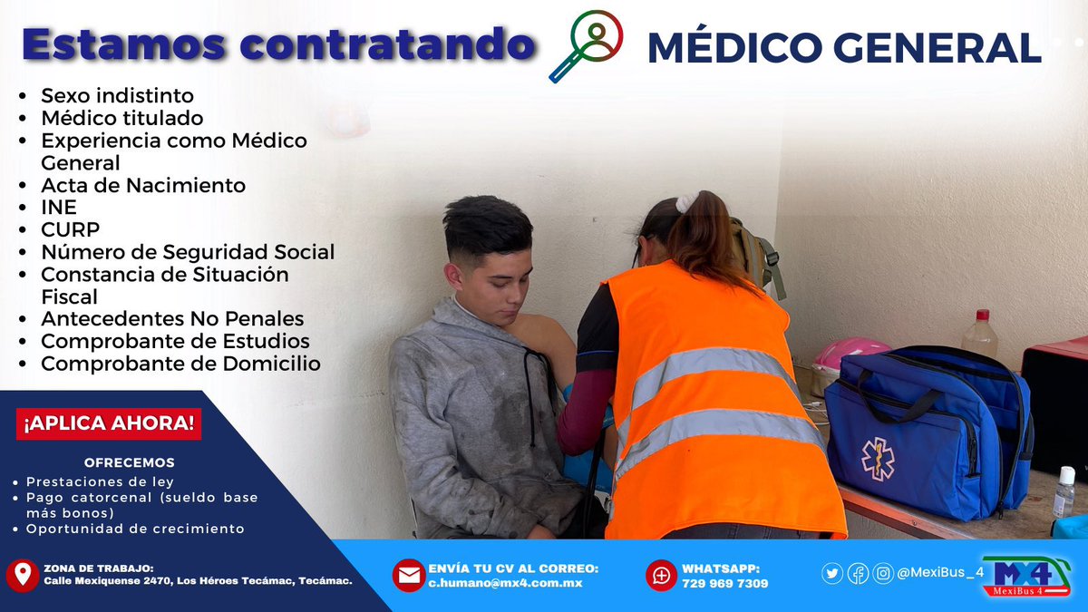 MexiBus_4's tweet photo. ¡Estamos contratando! Únete al equipo de #Mexibus4 🚍 si cumples con el perfil o conoces a alguien no dudes en compartir. #SúmateAlEquipo #Checador #MédicoGeneral #CorredorEcológico #IndiosVerdes #Tlalnepantla #Ecatepec #Tecámac https://t.co/8fceuHScRf