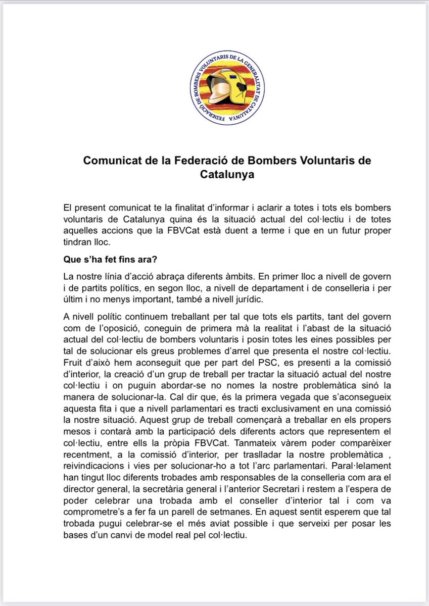 FBVCat's tweet photo. Comunicat de la Federació respecte l’estat actual de la situació del col·lectiu de bombers voluntaris. https://t.co/IiK5RaXnCA