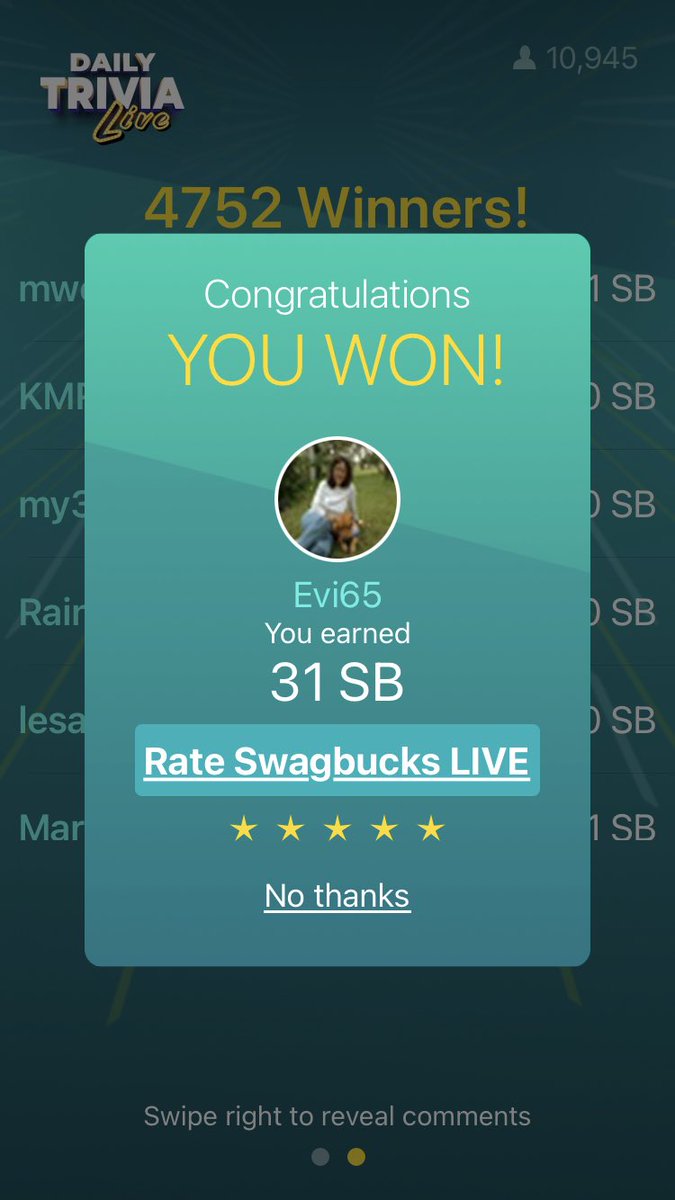 evi_bivins's tweet photo. @Swagbucks I won today Daily Trivia game! #SBBraggingRights https://t.co/mfqefq30DR