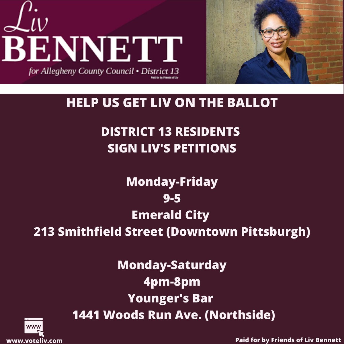 Liv1Bennett's tweet photo. ✍🏽Sign Liv’s Petitions✍🏽
Liv is running as an Independent in the November election. Anyone who lives in District 13 from any party (Democrat, Republican, Independent etc.) can sign the petitions. Stop by one of these locations!
#livfor13
#livbennettforcountycouncil
#WeWorking https://t.co/fgKoWd0zWi