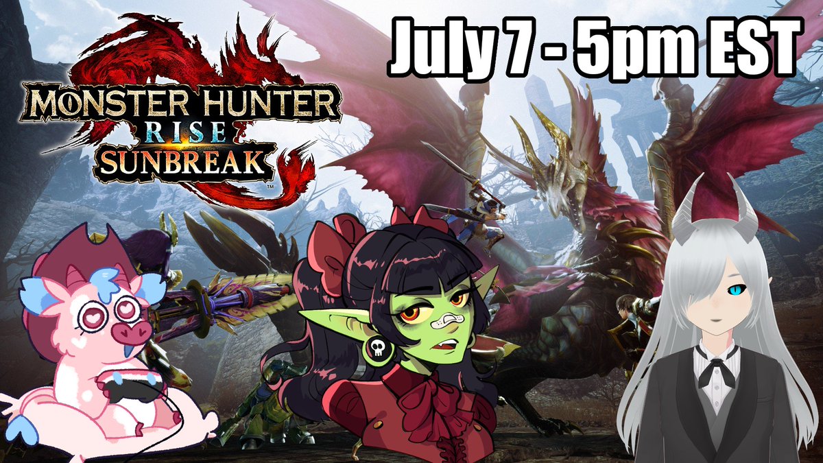 Want to watch 3 girls flail around as they try to remember how to play Monster Hunter Rise? Well how about while fighting the hardest monsters? I'll be joined by <a href="/LuminaEmber/">Lumigosa</a> and <a href="/DitzyDaisymoo/">Daisy🐮Brooks!</a> as we fail spectacularly together! Today at 5pm EST

#Goblin #ENVtuber #MonsterHunter